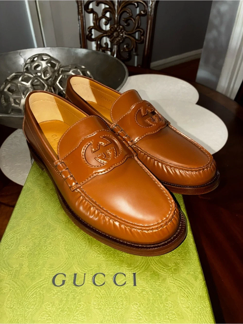 Gucci Millennial Ribot Interlocking G Cuir Leather Loafers Men’s 7.5